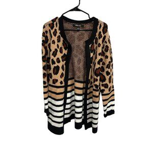 BYDesign Leopard Print Stripe Open Front Cardigan Soft Knit Sweater Size M Trend